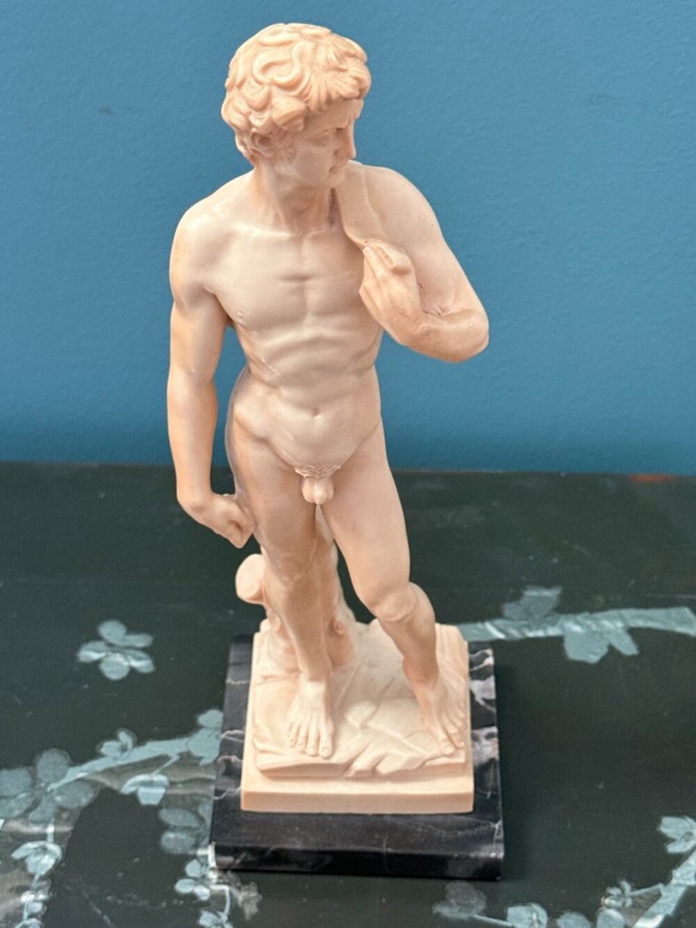 Vintage Santini Michelangelo David Statue 12” Italy Alabaster Resin Marble Base
